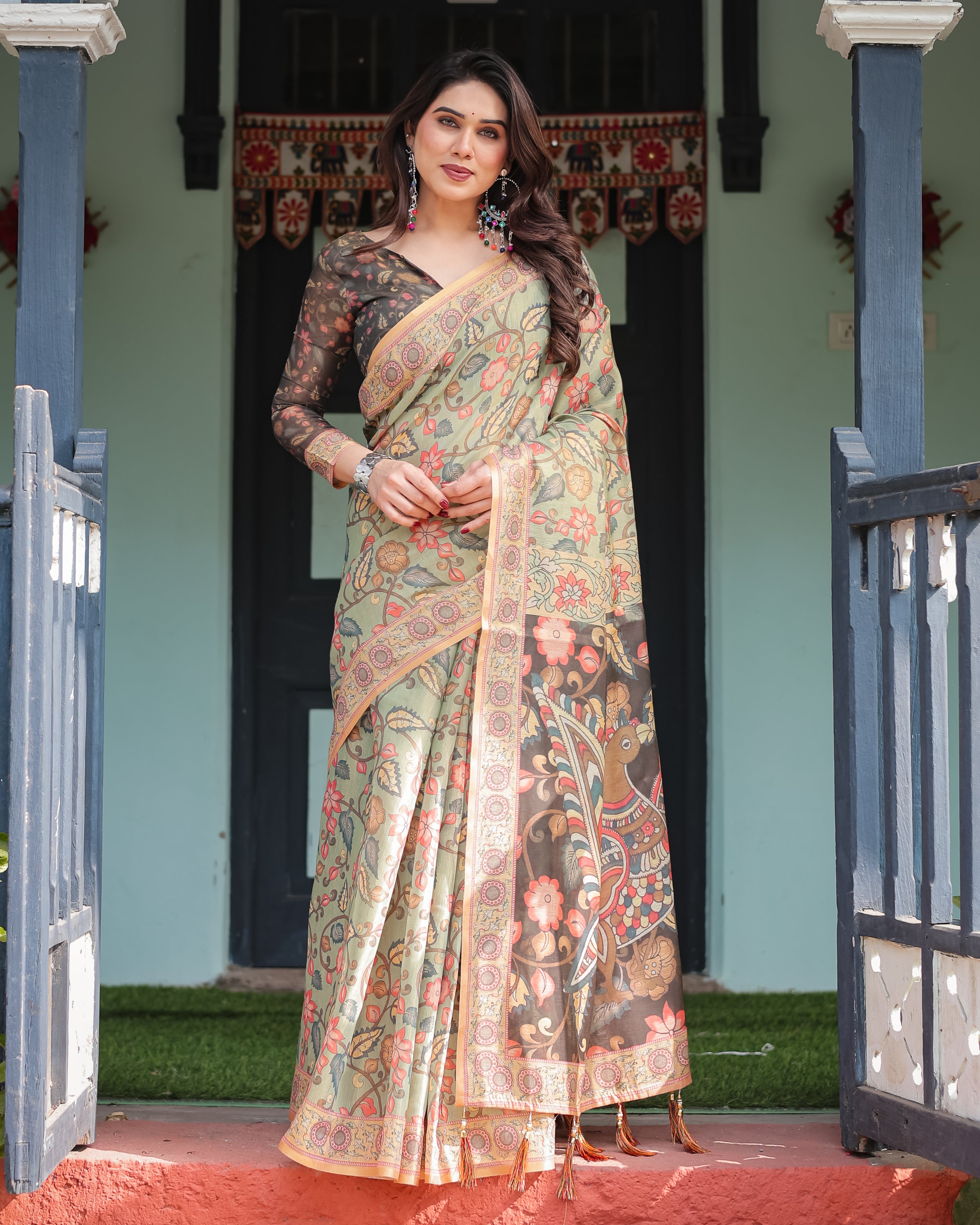 Olive Green Handloom Floral Print With Rich Traditional Border Saree