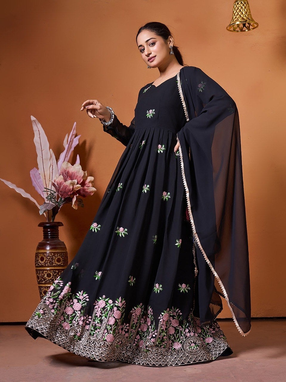 Embroidered Georgette Stitched Anarkali Gown With Dupatta 