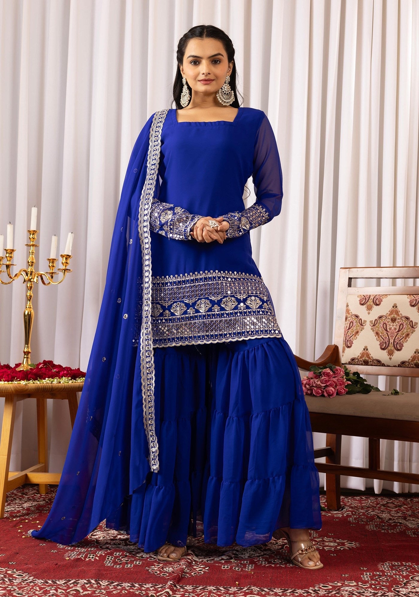 Blue Georgette Embroidered Kurta Sharara Set