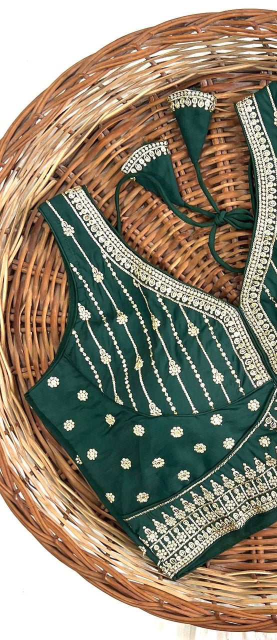 Dark Green Thread Work Heavy Silk V-Neck Readymade Blouse