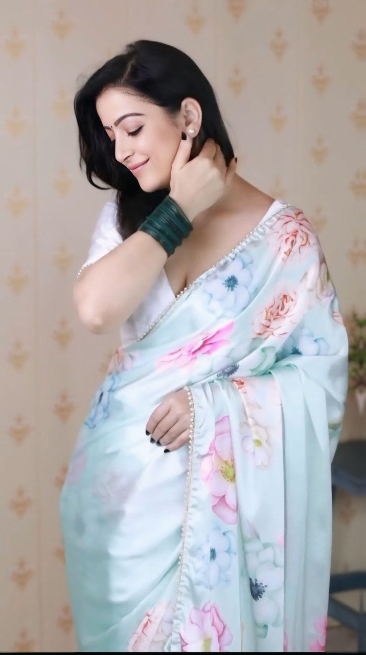 White Satin Silk Printed Ready To Wear Saree