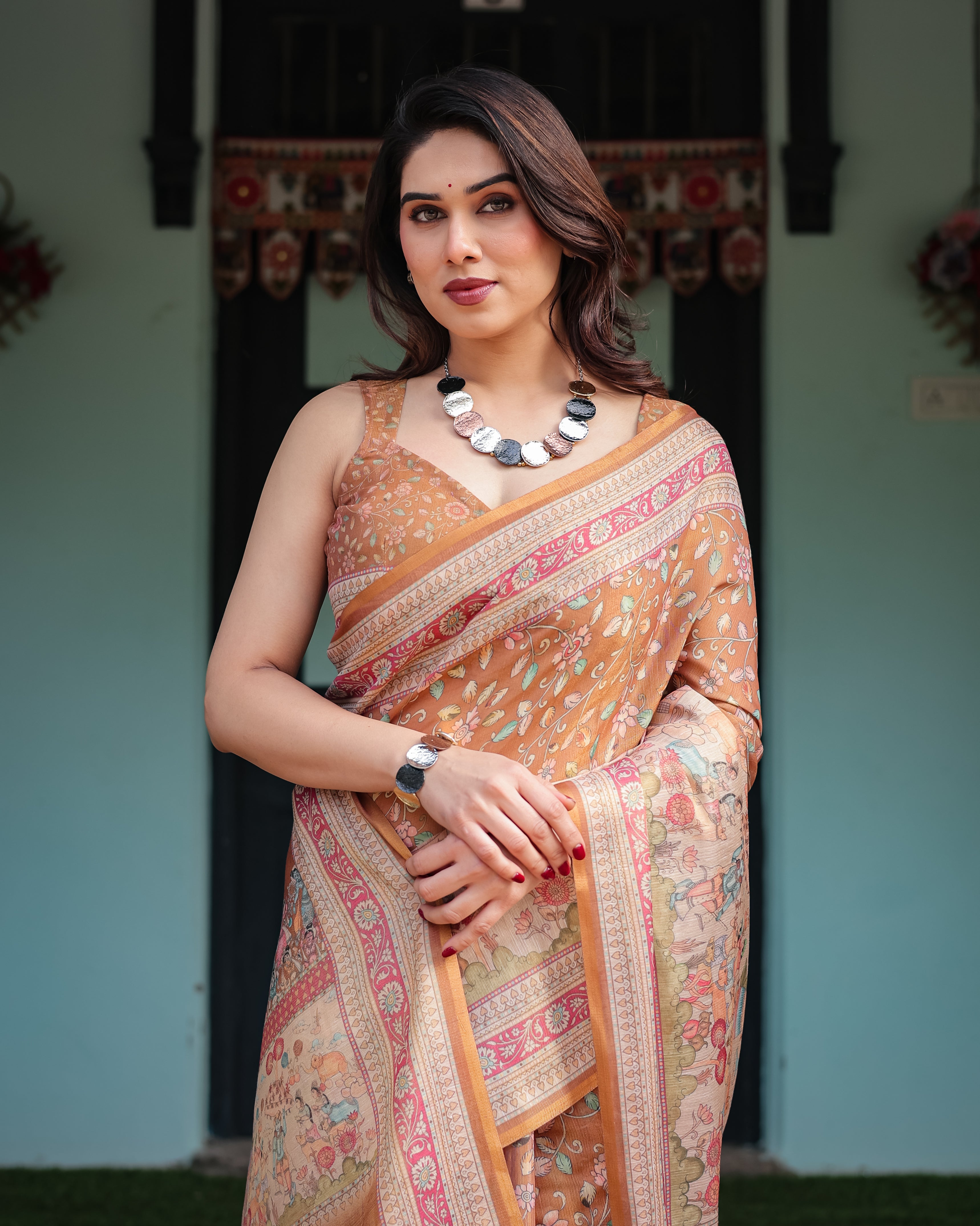 Mustard Tan Handloom Floral Print With Ethnic Pattern Saree