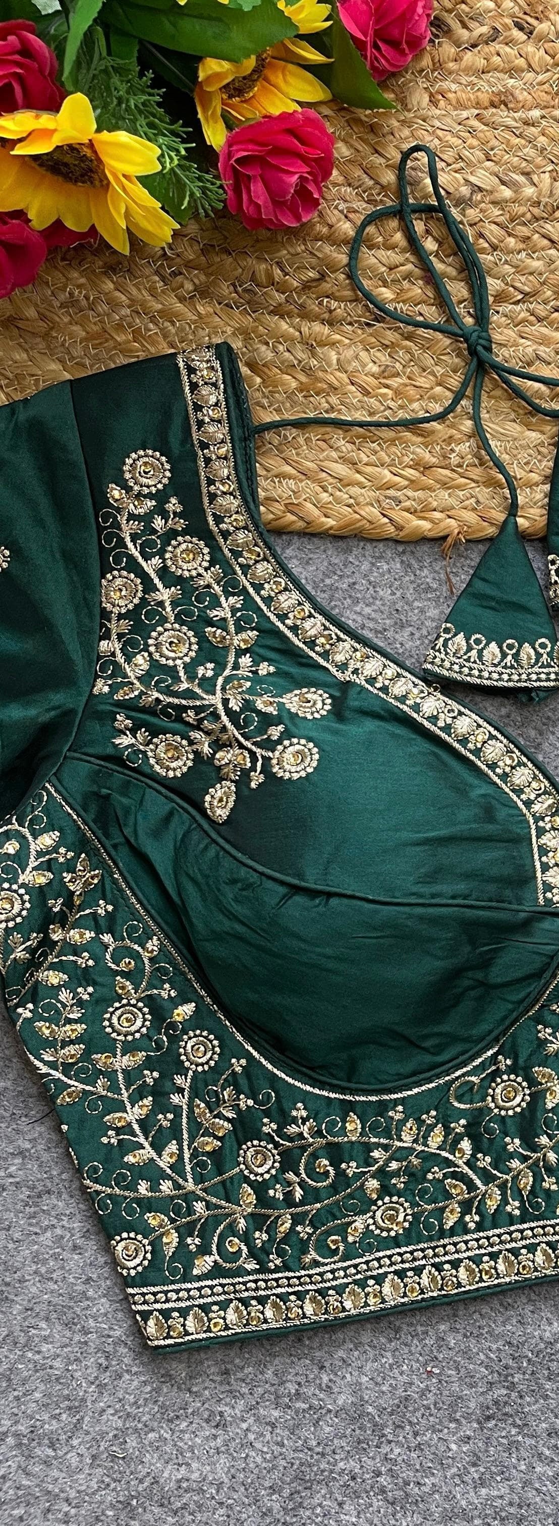 Green Handwork Heavy Silk Katori Pattern Readymade Blouse