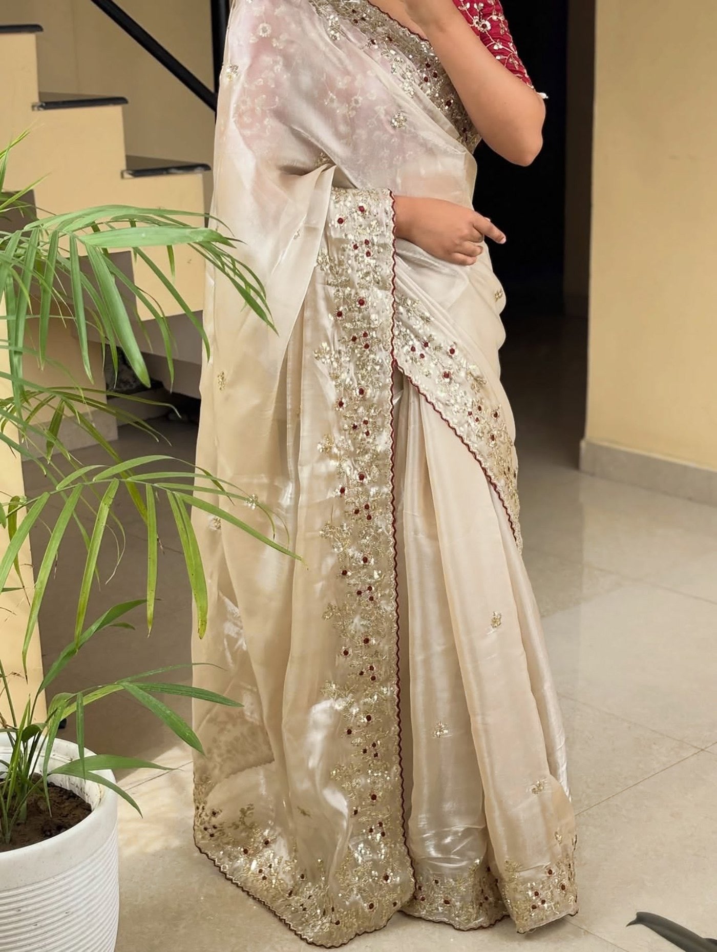 White Bangalori Designer Work Party Wear Saree