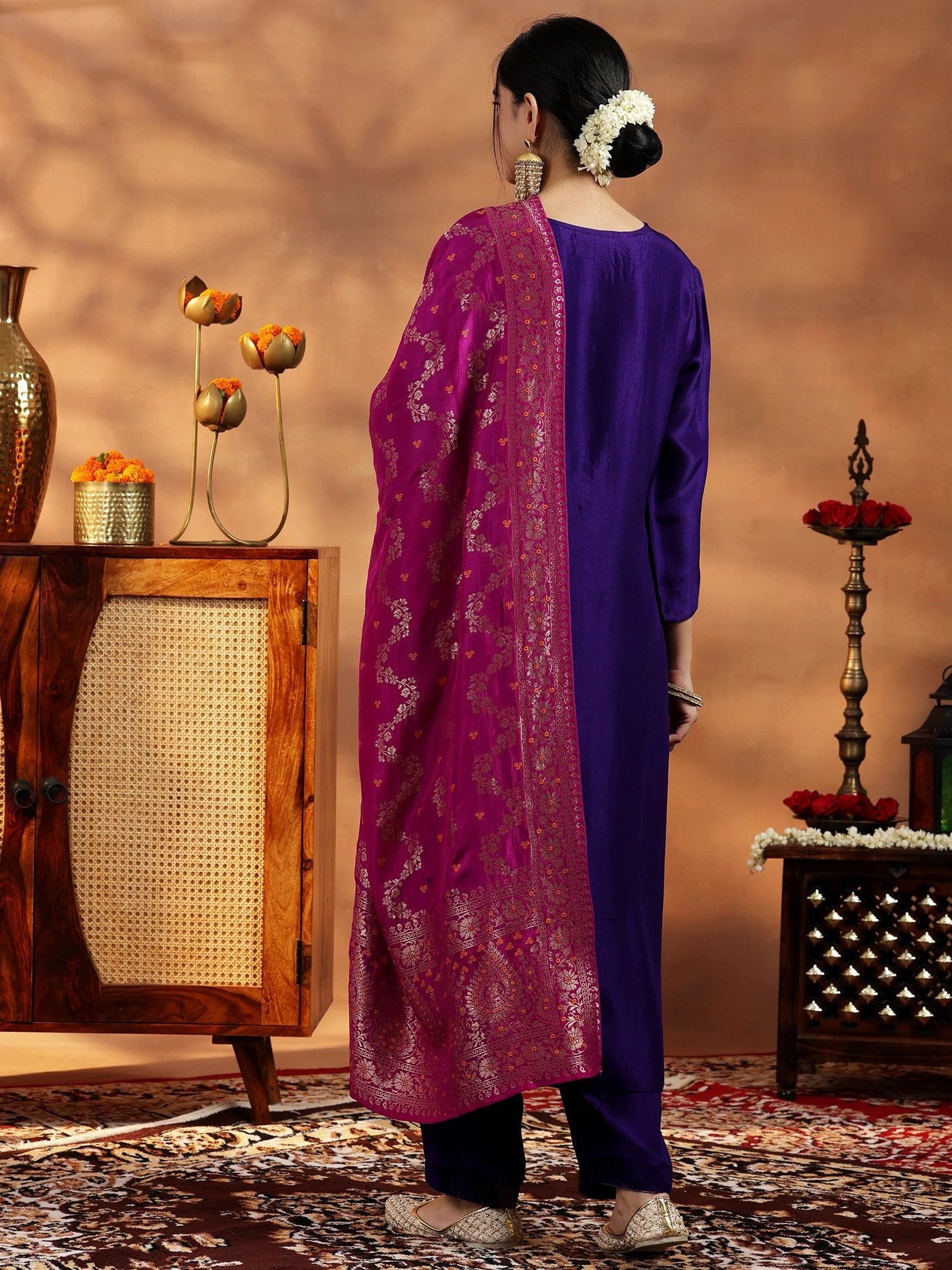 Violet Art Silk Embroidered And Weaving Kurta Set 