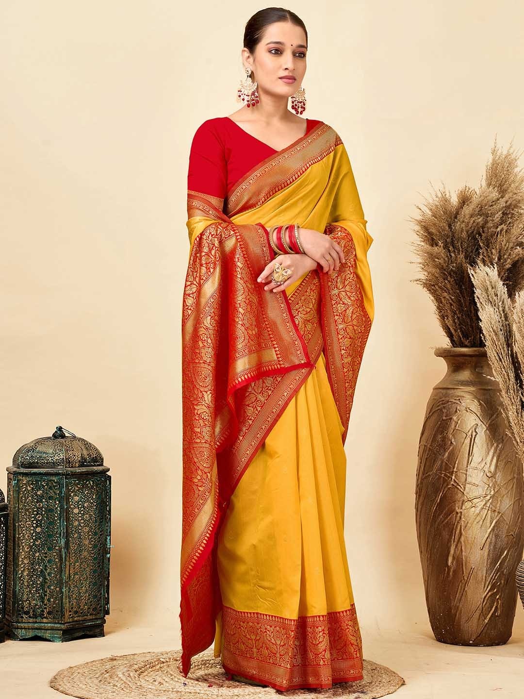 Yellow Silk Jacquard Weave Designer Saree