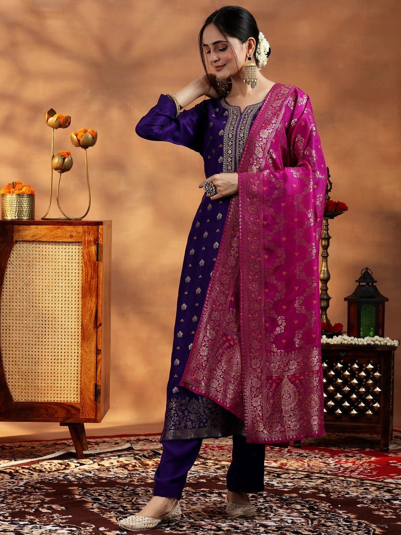 Violet Art Silk Embroidered And Weaving Kurta Set 