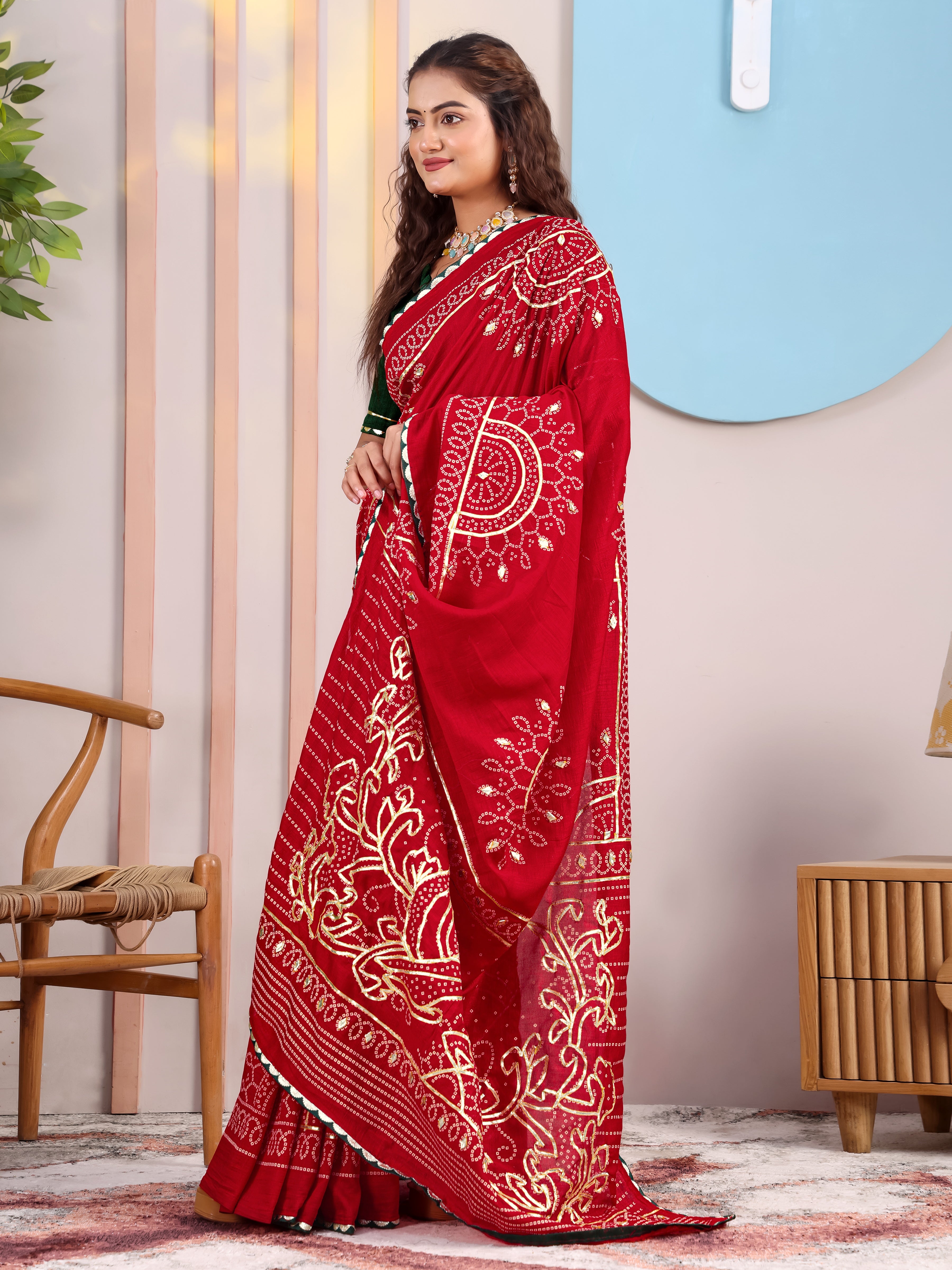 Red Bandhani On Pure Vichitra Silk Saree with Gota Patti Work