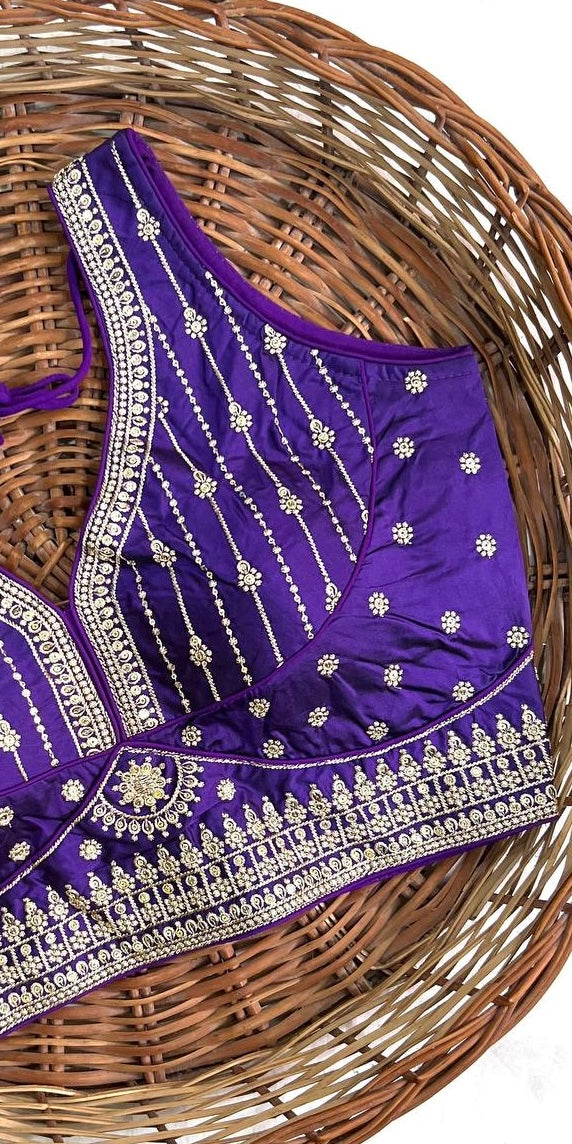 Purple Thread Work Heavu Silk V-Neck Readymade Blouse