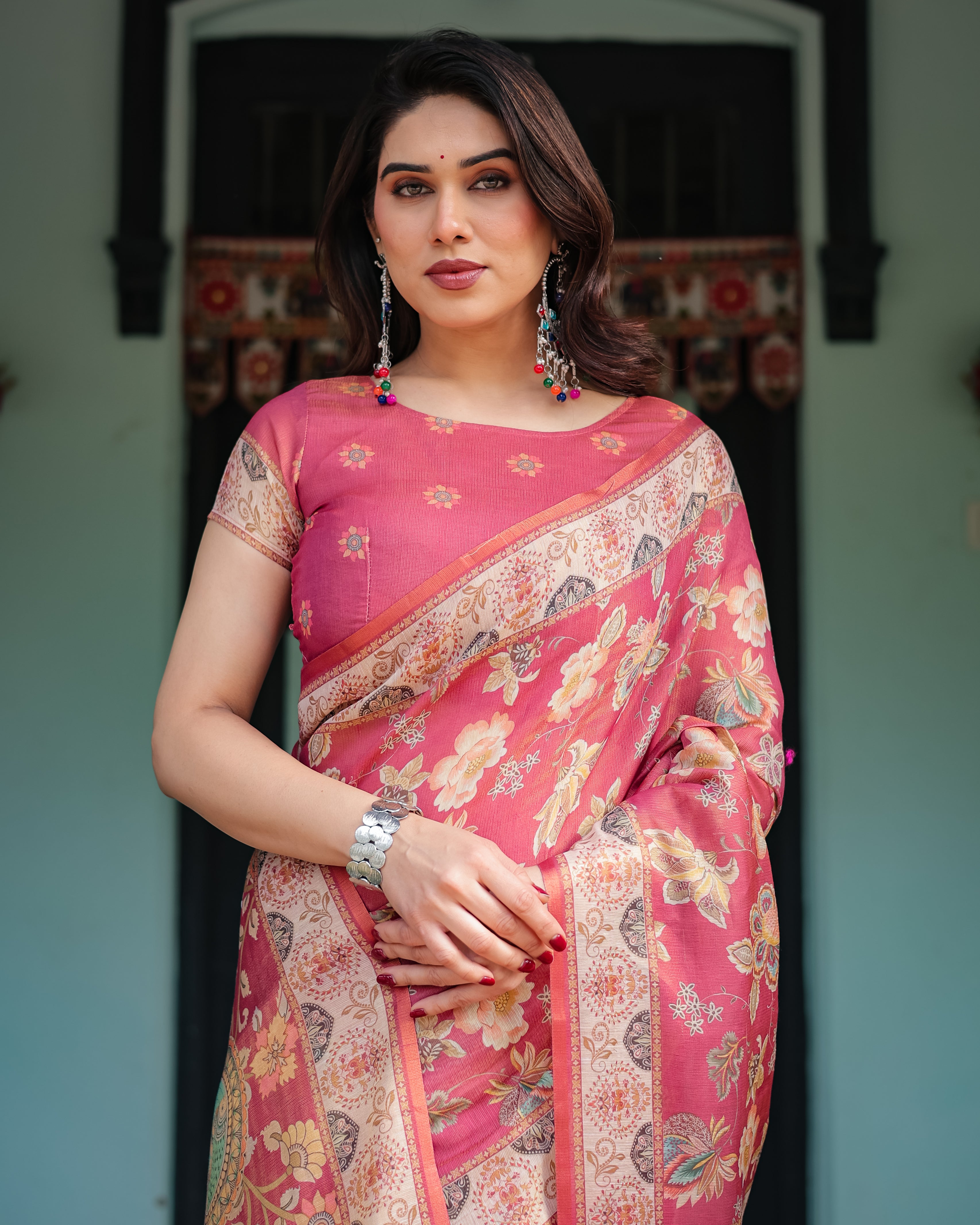 Rose Pink Handloom Floral Print With Ethnic Border Saree