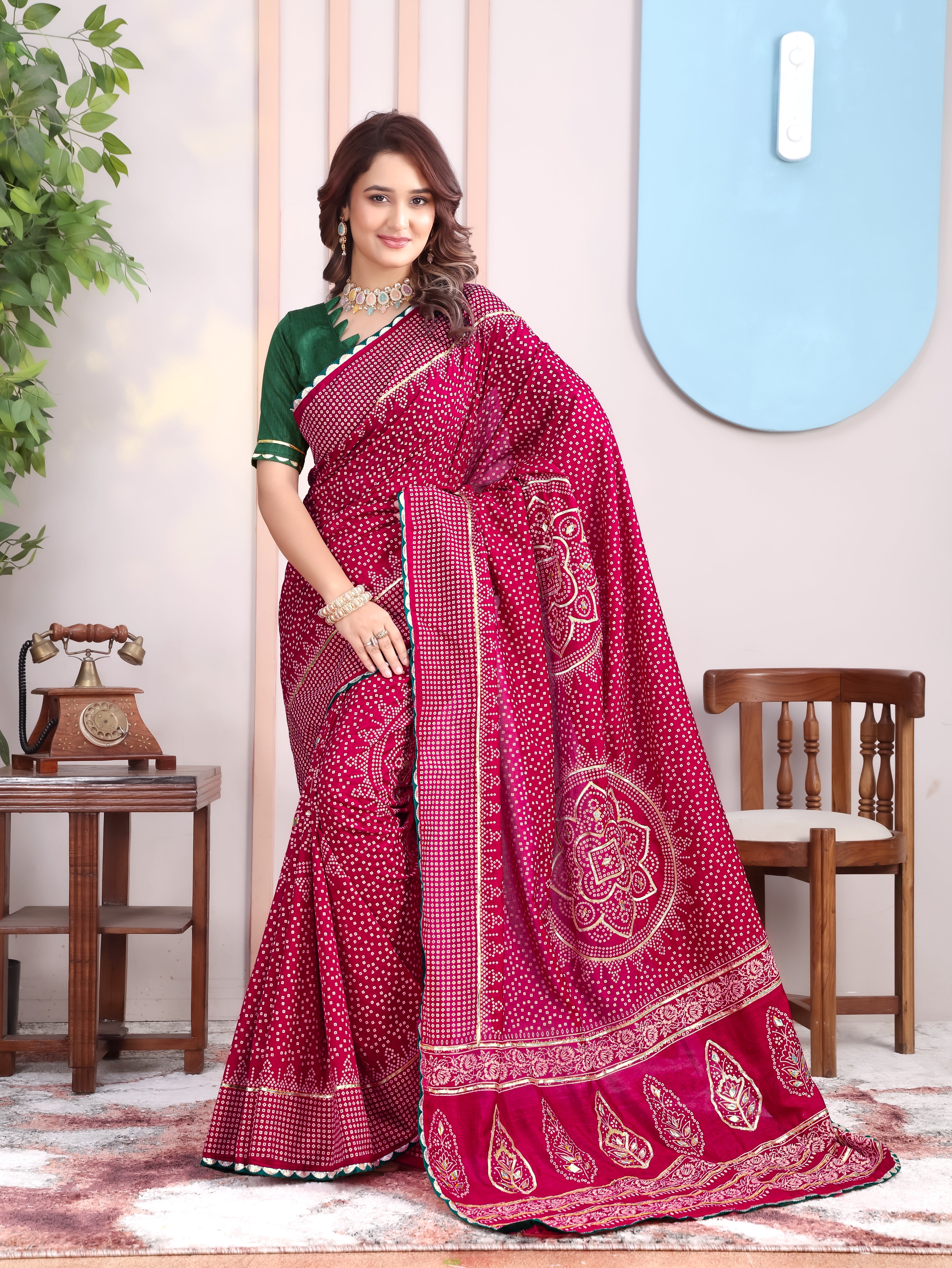 Maroon Asopalav Bandhani On Pure Vichitra Silk Saree with Gota Patti Work