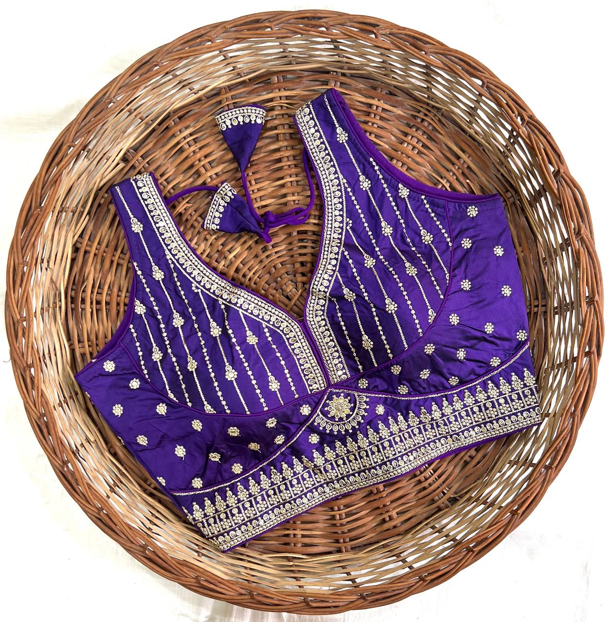 Purple Thread Work Heavu Silk V-Neck Readymade Blouse