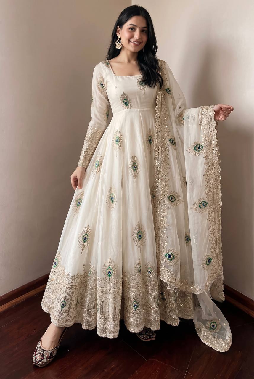White Heavy Fandy Silk Embroidery Threads And Zari Sequins Work Suit Set