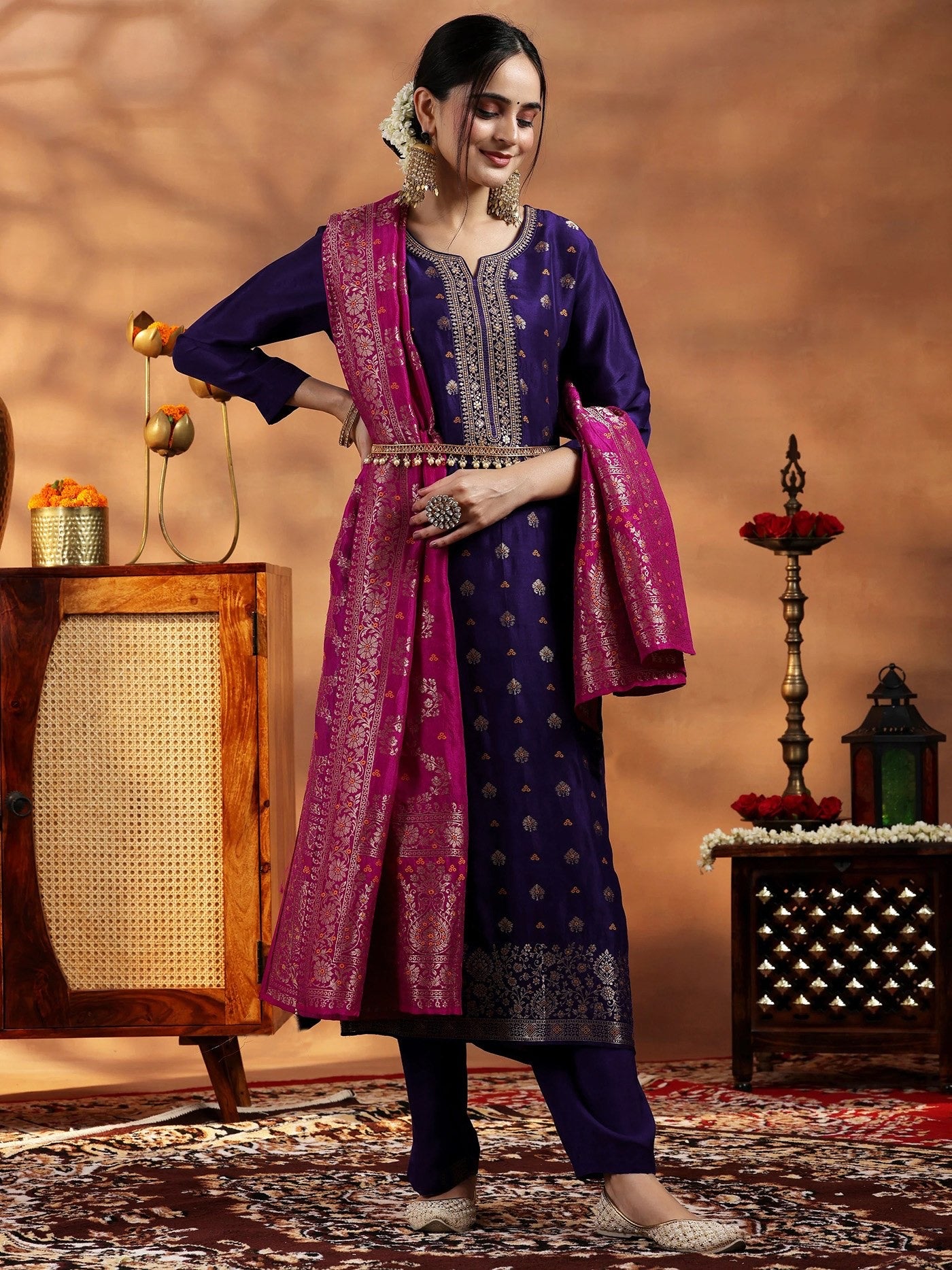 Violet Art Silk Embroidered And Weaving Kurta Set 