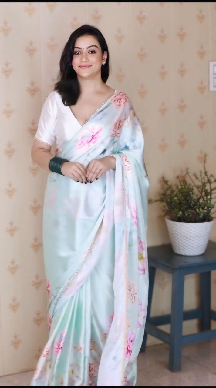 White Satin Silk Printed Ready To Wear Saree
