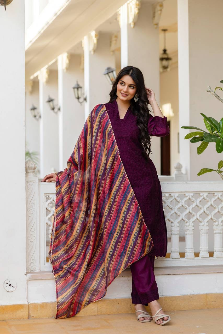 Maroon Roman Silk Chikan kari Work Kurti Set