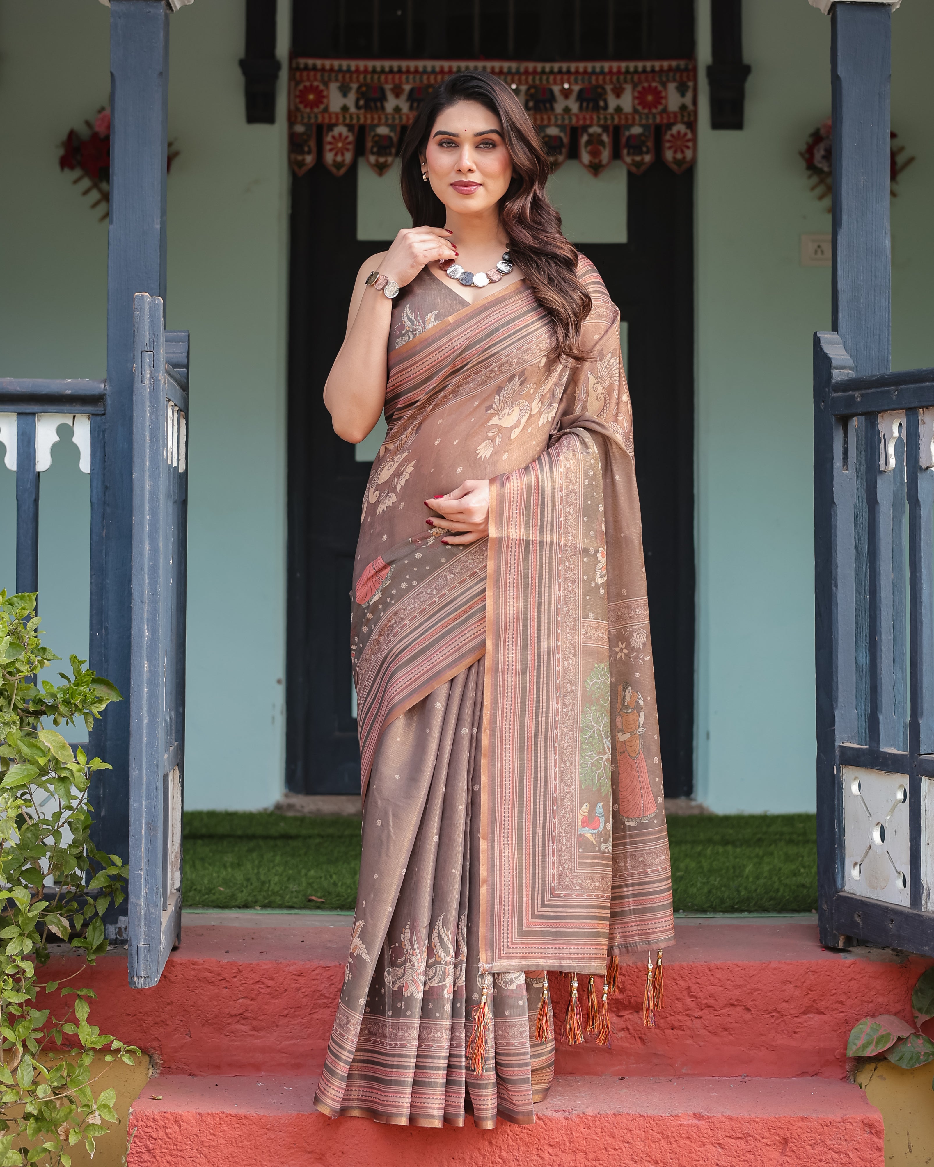 Brown Handloom Ethnic Border With Traditional Detailing Saree