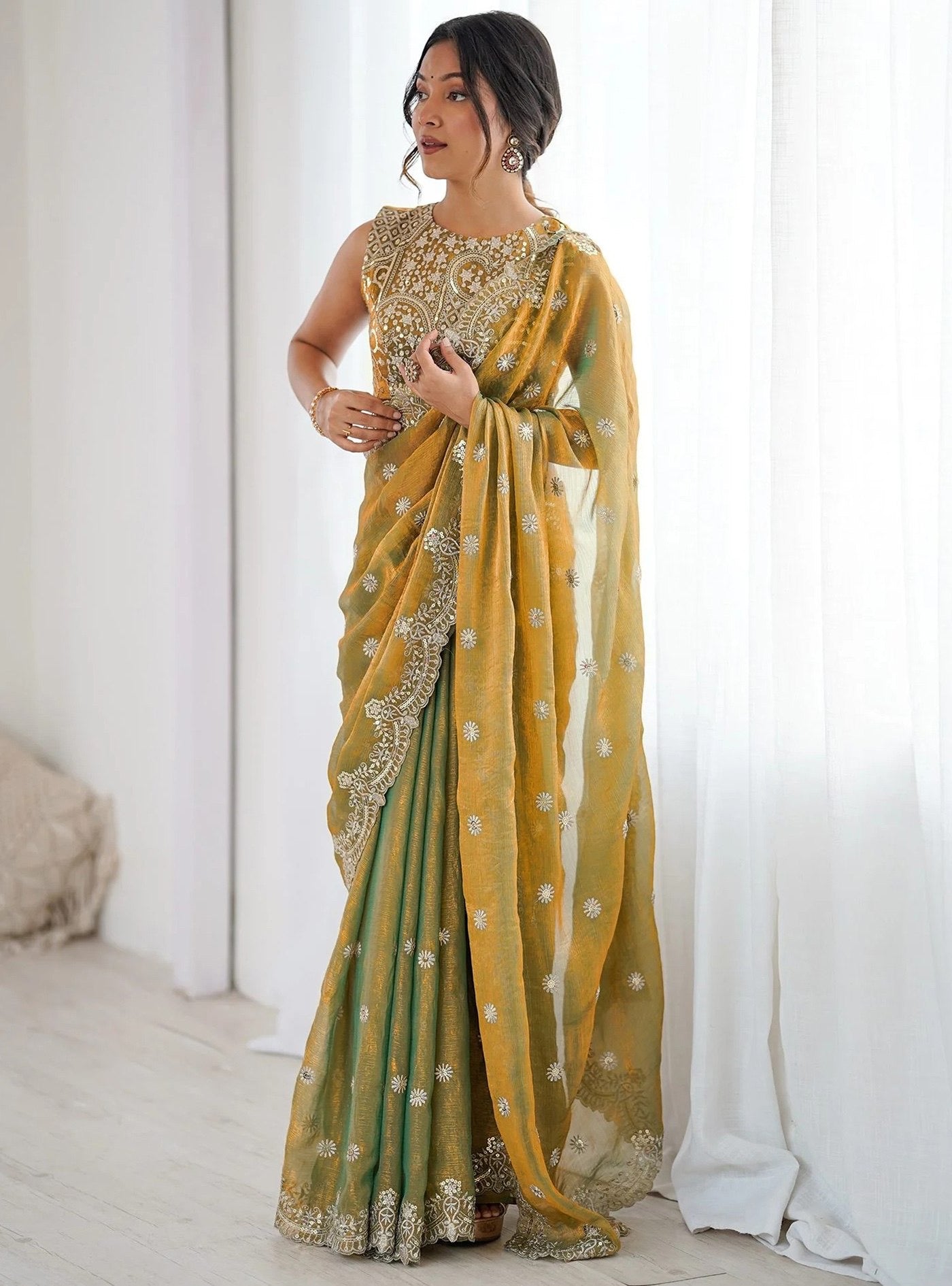 Green Fandy Facbric Designer Work Party Wear Saree