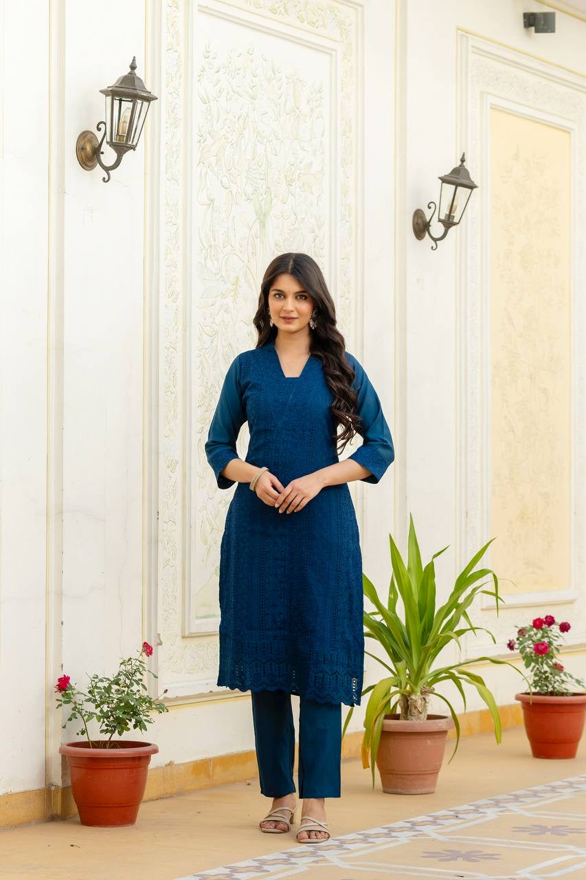 Blue Roman Silk Chikan kari Work Kurti Set 