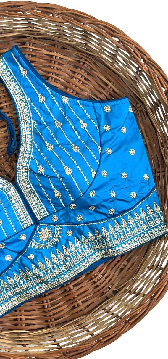 Blue Thread Work Heavu Silk V-Neck Readymade Blouse