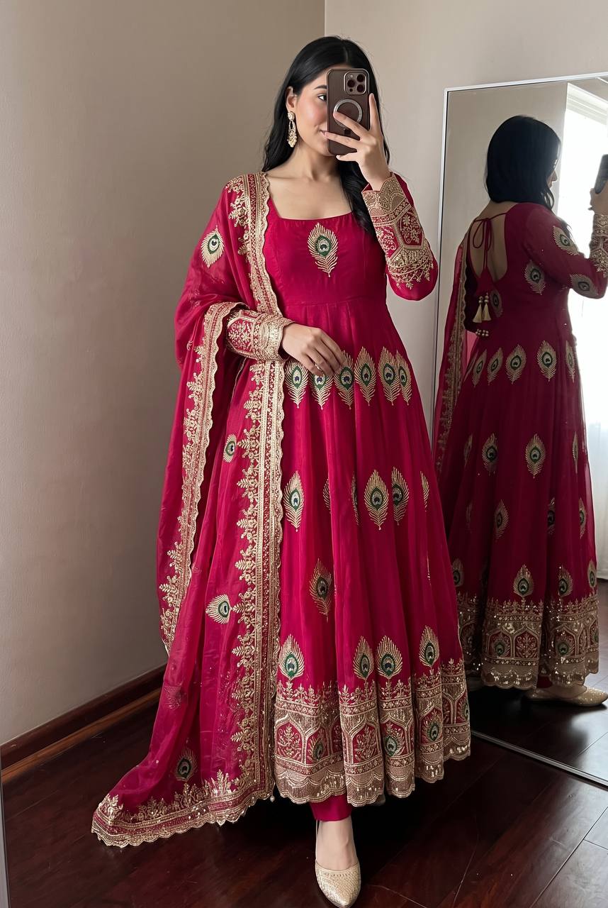 Red Heavy Fandy Silk Embroidery Threads And Zari Sequins Work Suit Set 
