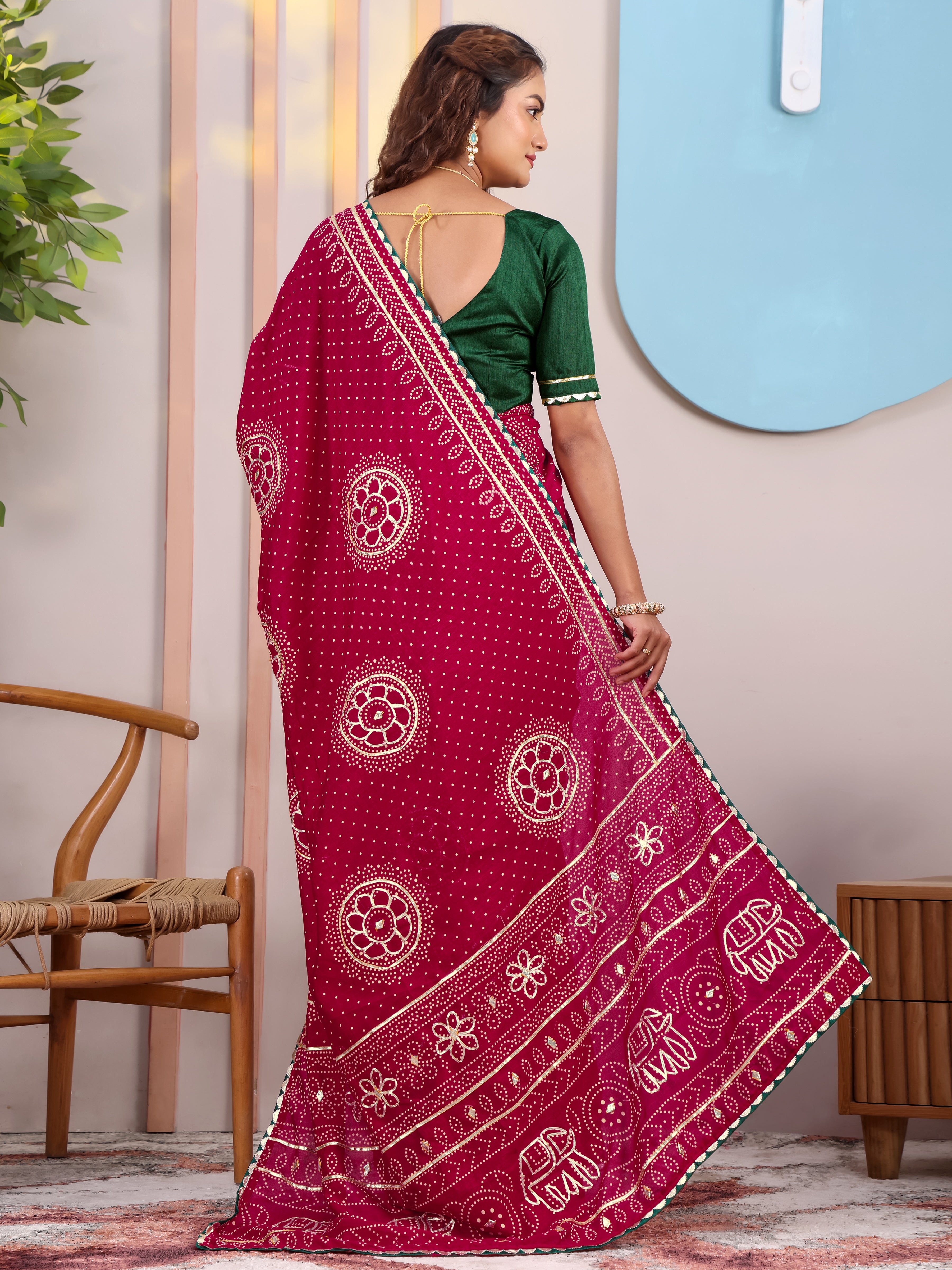 Maroon Round Bandhani On Pure Vichitra  Silk Saree with Gota Patti Work