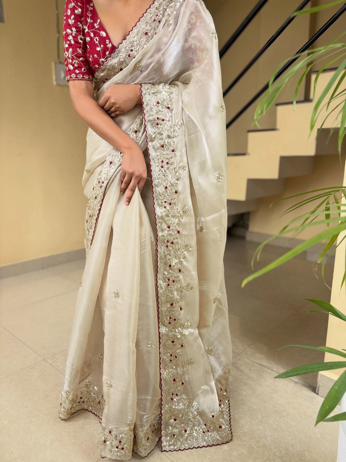 White Bangalori Designer Work Party Wear Saree