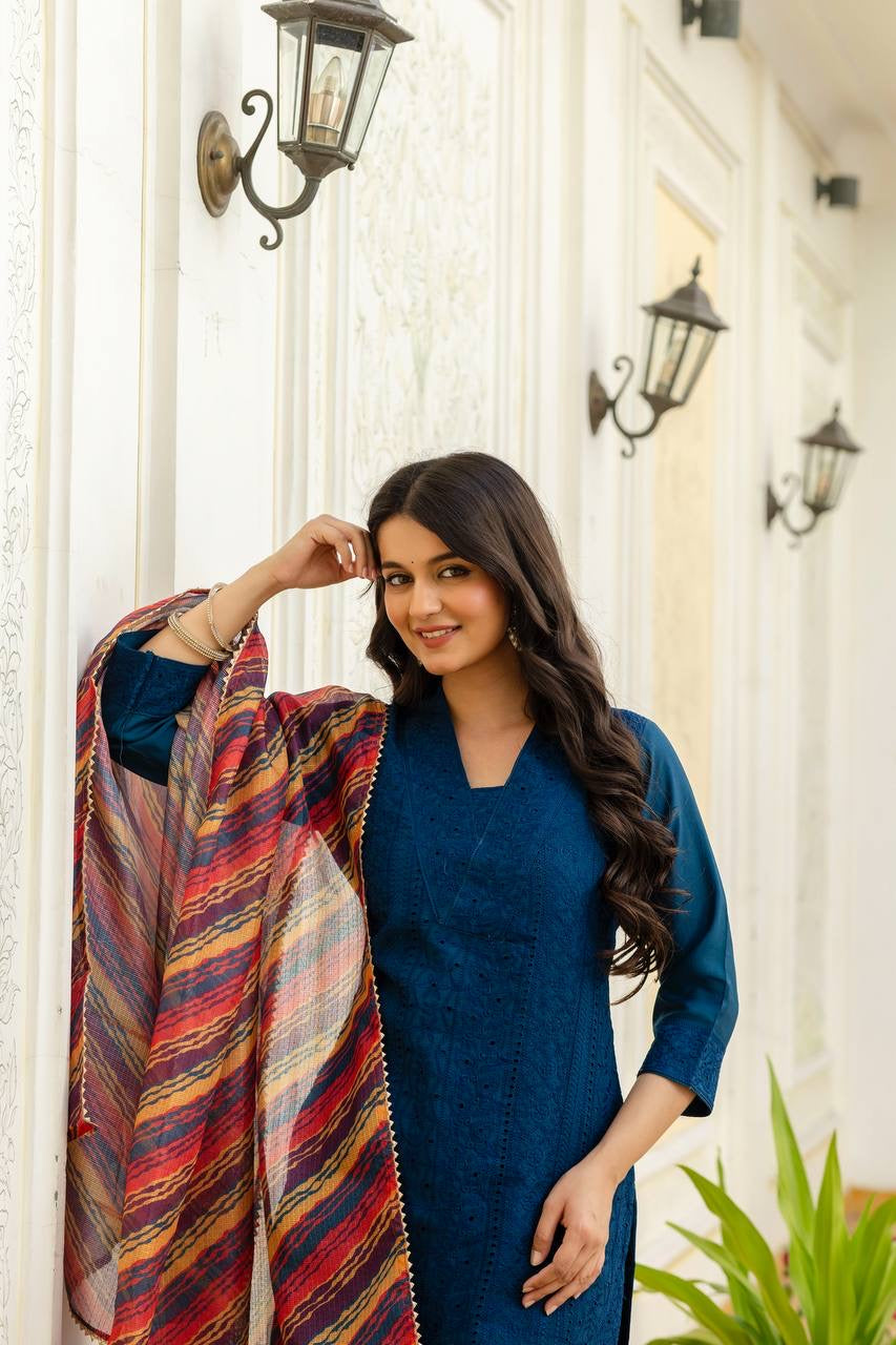 Blue Roman Silk Chikan kari Work Kurti Set 