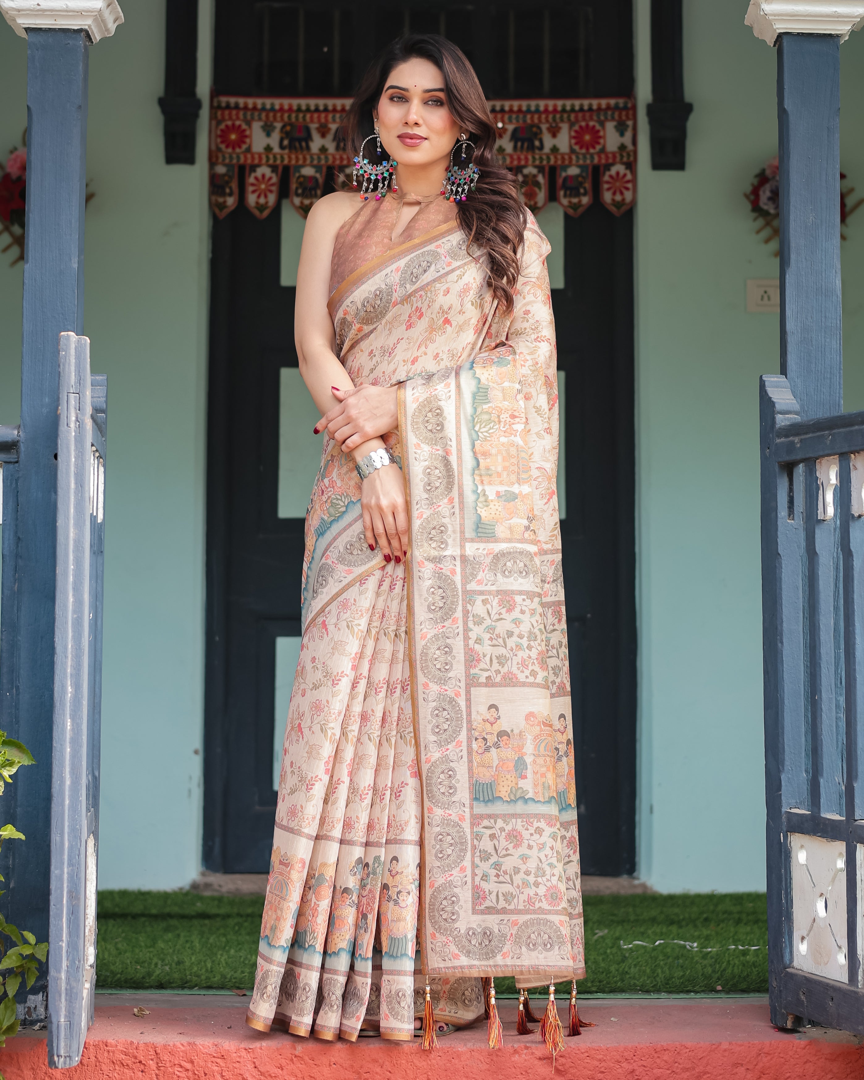 Beige Handloom Floral Printed Border Saree 
