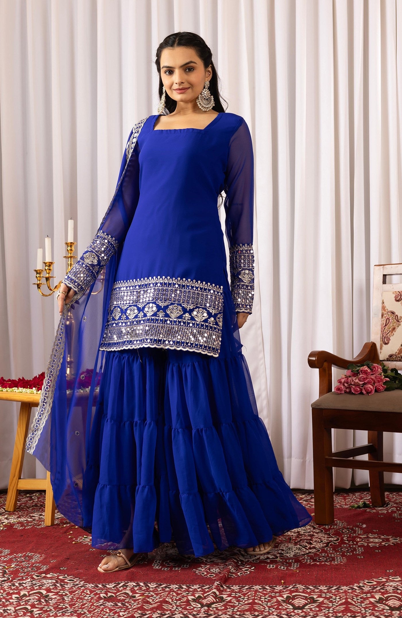 Blue Georgette Embroidered Kurta Sharara Set