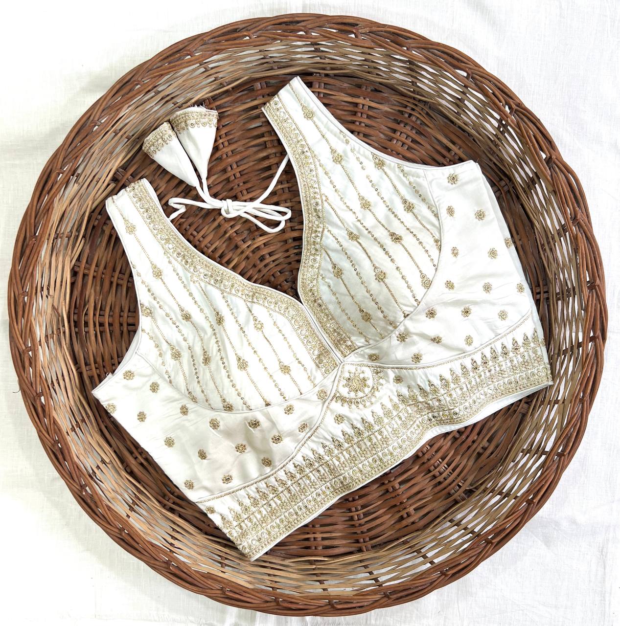 White Thread Work Heavy Silk V-Neck Readymade Blouse