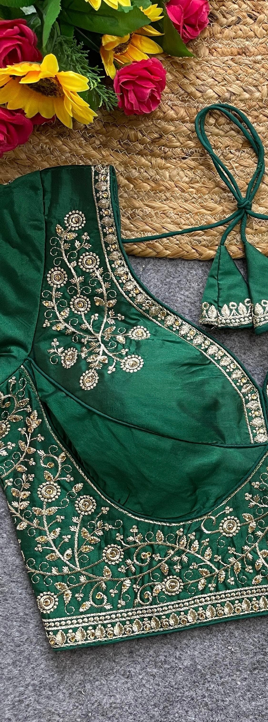 Dark Green Handwork Heavy Silk Katori Pattern Readymade Blouse