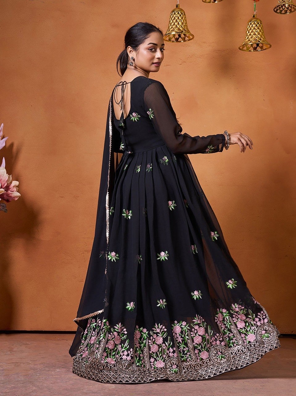 Embroidered Georgette Stitched Anarkali Gown With Dupatta 