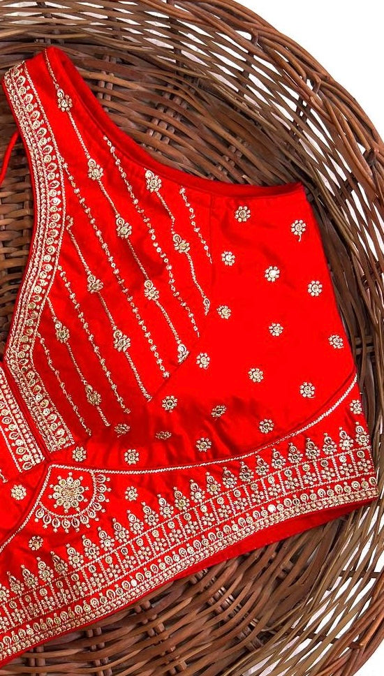 Red Thread Work Heavy Silk V-Neck Readymade Blouse