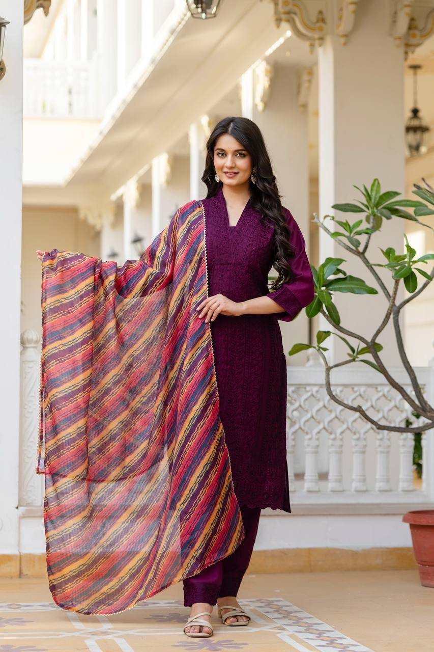 Maroon Roman Silk Chikan kari Work Kurti Set