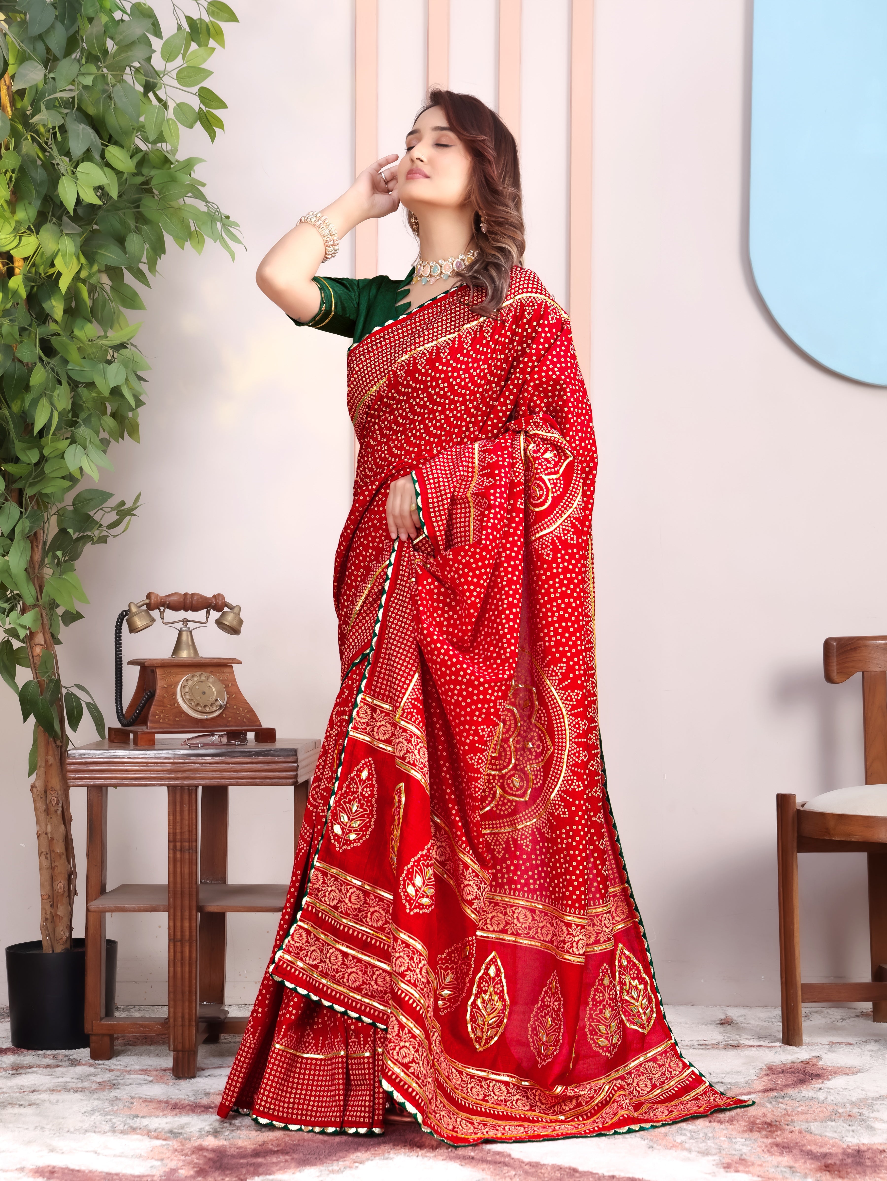Red Asopalav Bandhani On Pure Vichitra Silk Saree with Gota Patti Work