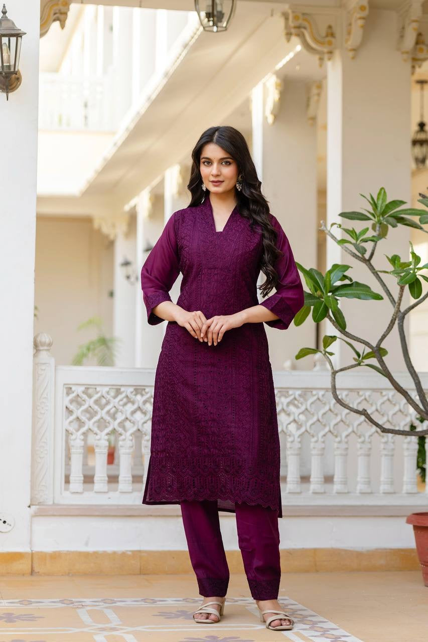 Maroon Roman Silk Chikan kari Work Kurti Set