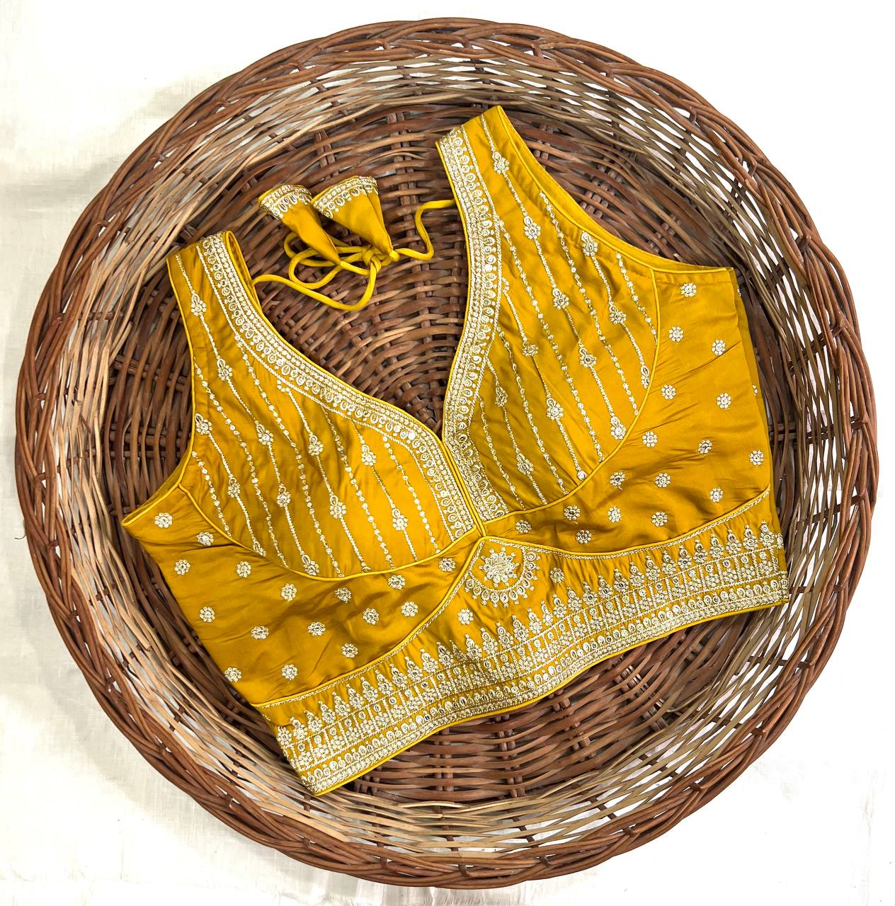 Dark Yellow Thread Work Heavy Silk V-Neck Readymade Blouse