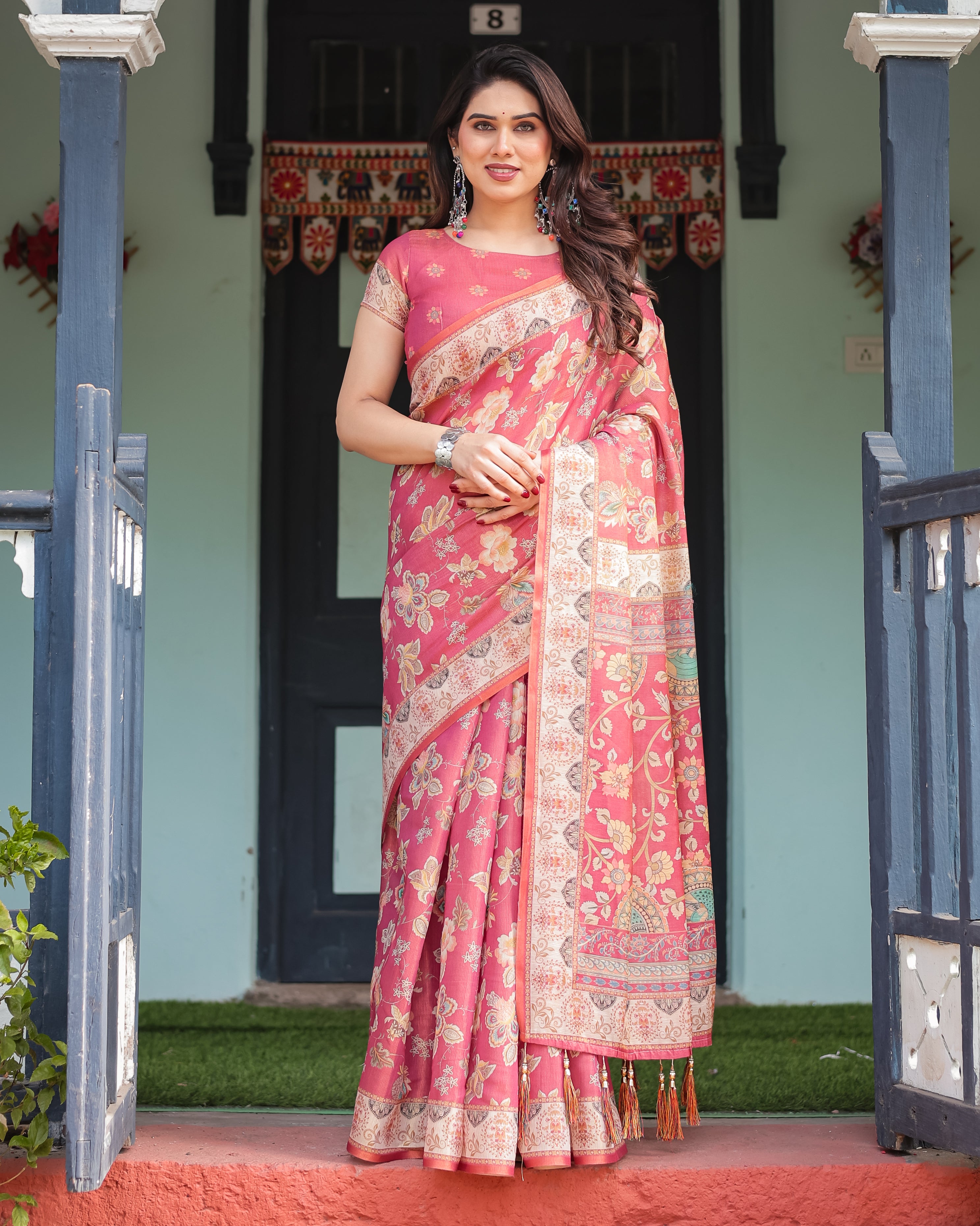 Rose Pink Handloom Floral Print With Ethnic Border Saree