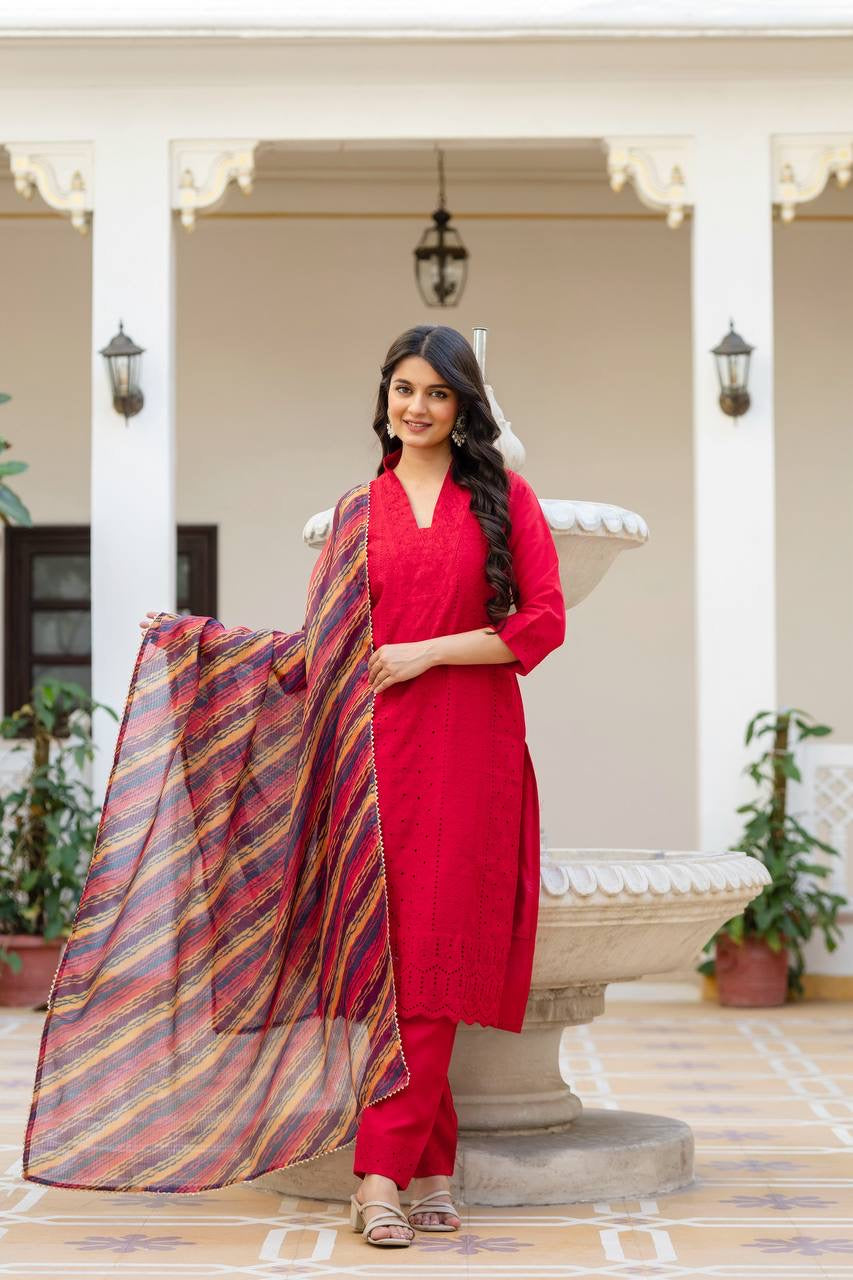 Red Roman Silk Chikan kari Work Kurti Set 