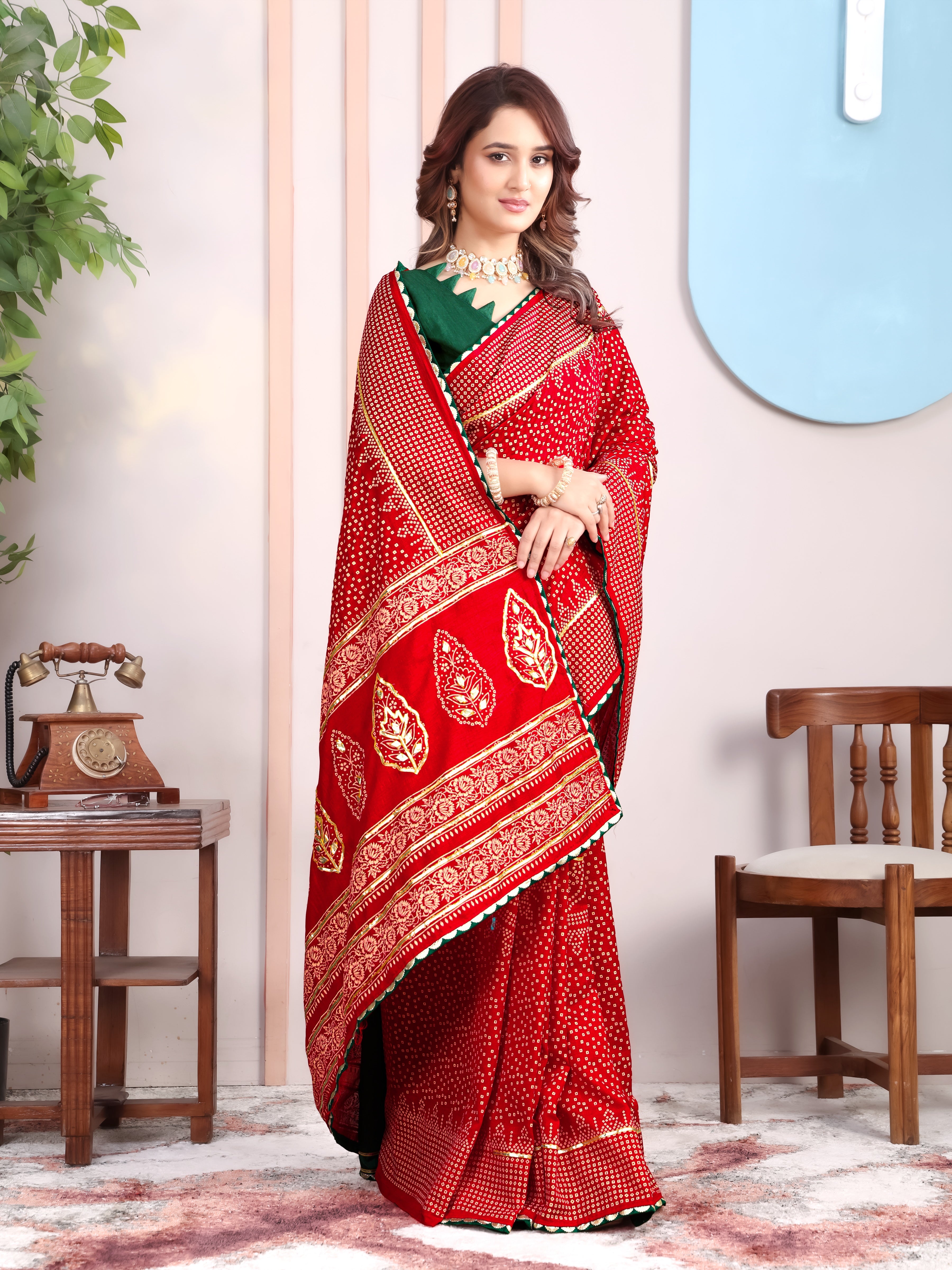 Red Asopalav Bandhani On Pure Vichitra Silk Saree with Gota Patti Work