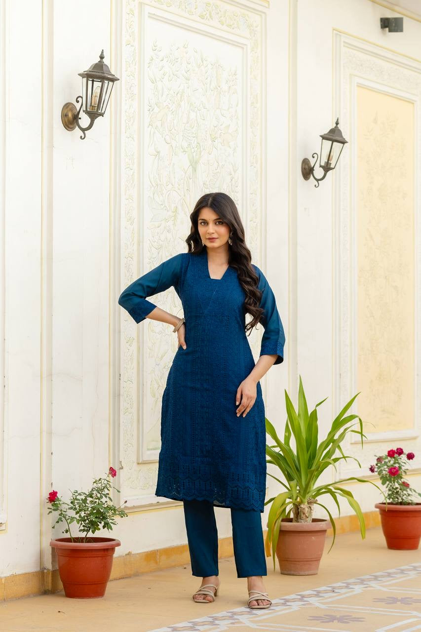 Blue Roman Silk Chikan kari Work Kurti Set 