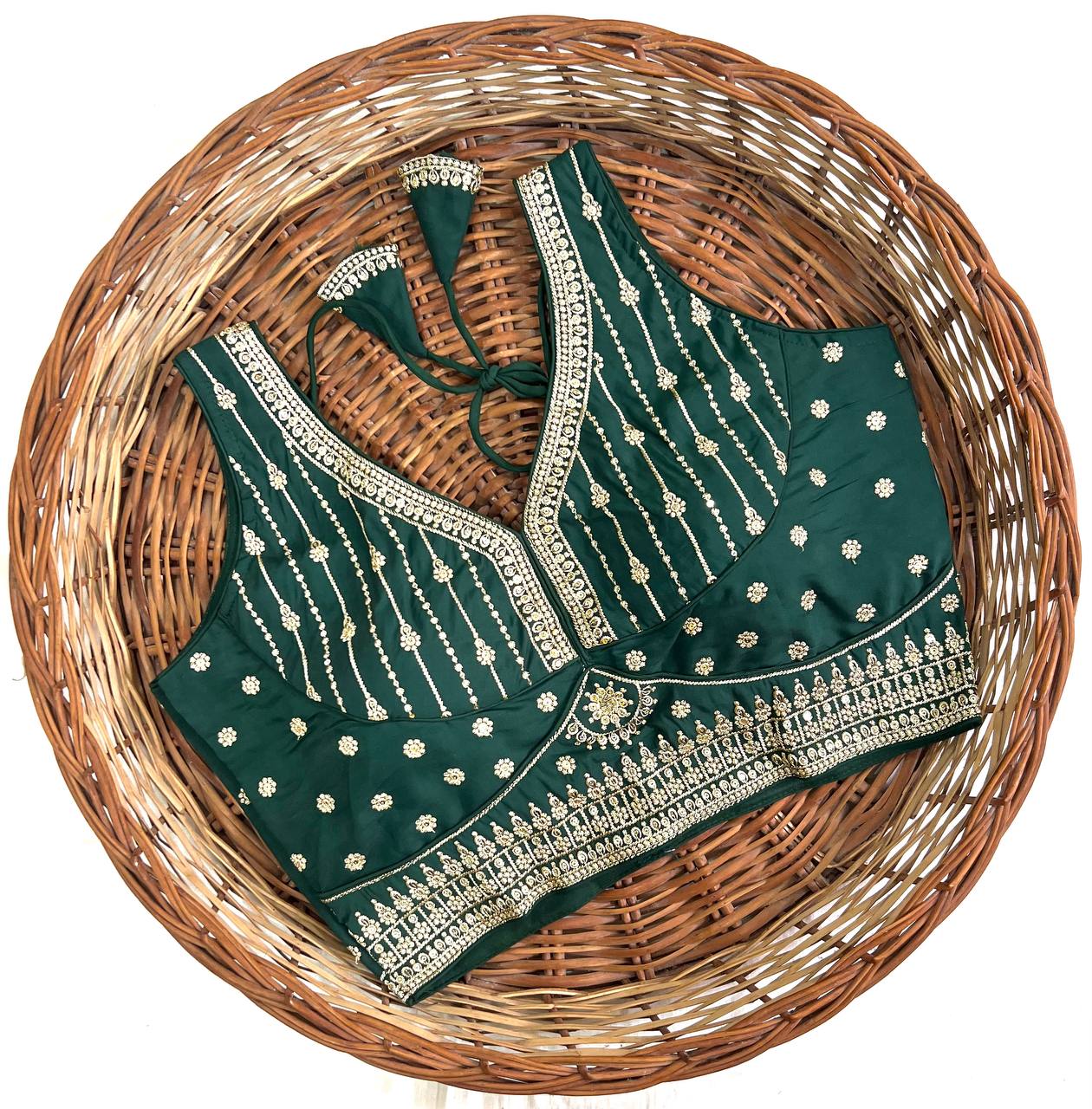 Dark Green Thread Work Heavy Silk V-Neck Readymade Blouse