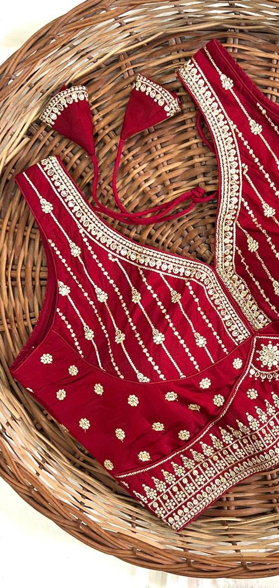 Cherry Red Thread Work Heavy Silk V-Neck Readymade Blouse