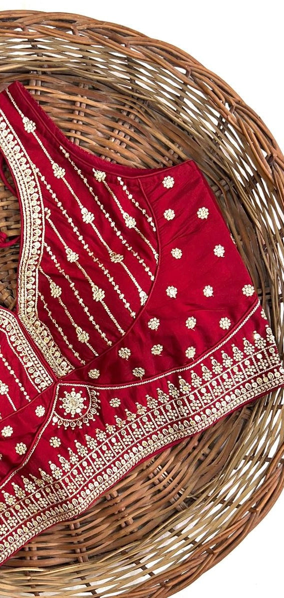Cherry Red Thread Work Heavy Silk V-Neck Readymade Blouse
