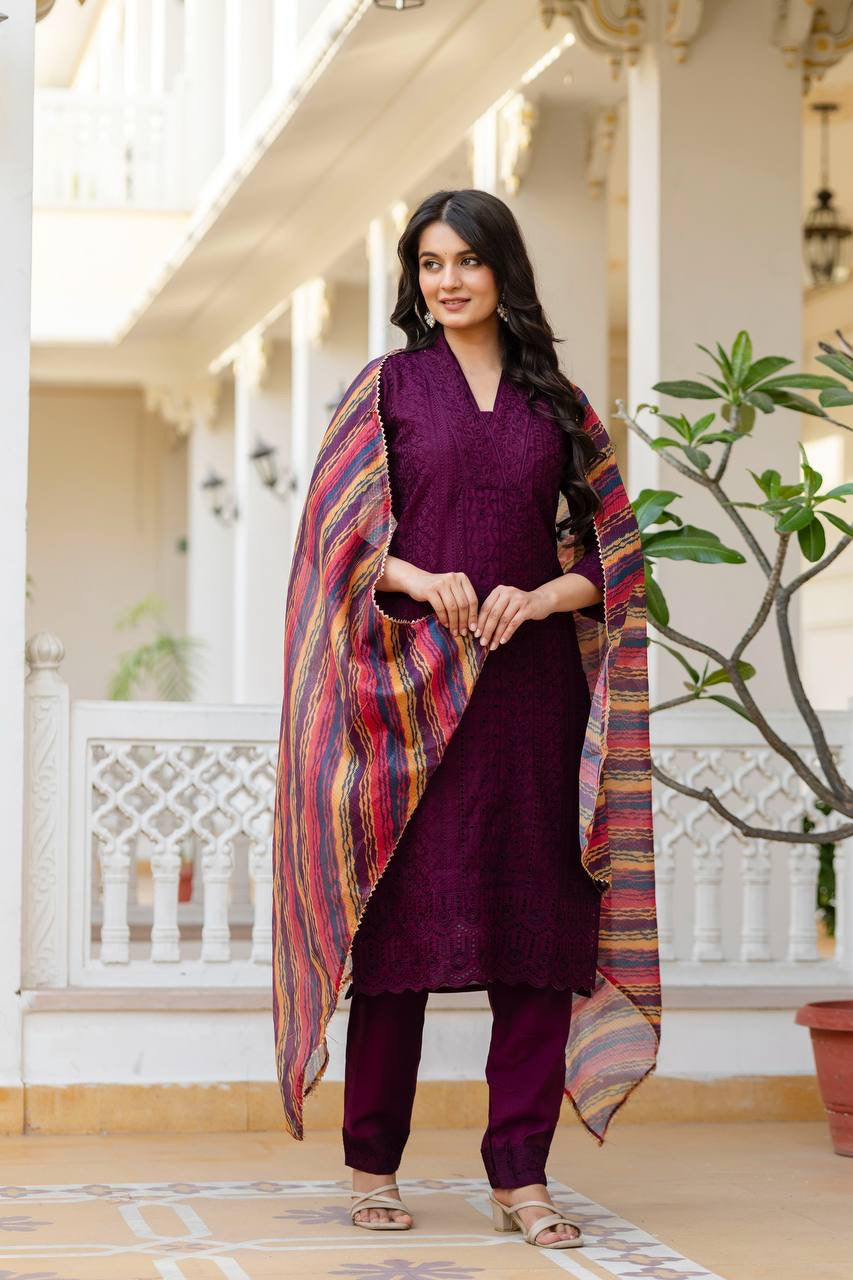 Maroon Roman Silk Chikan kari Work Kurti Set