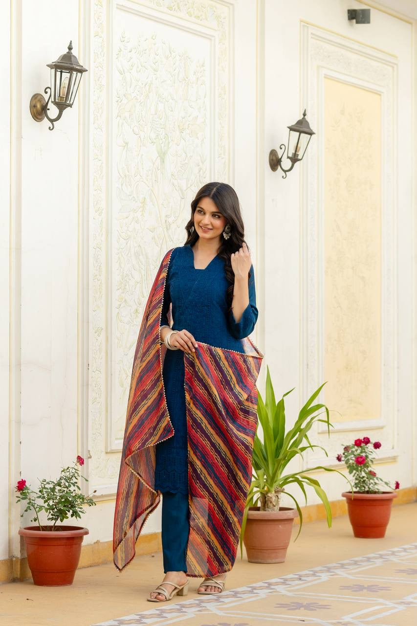Blue Roman Silk Chikan kari Work Kurti Set 