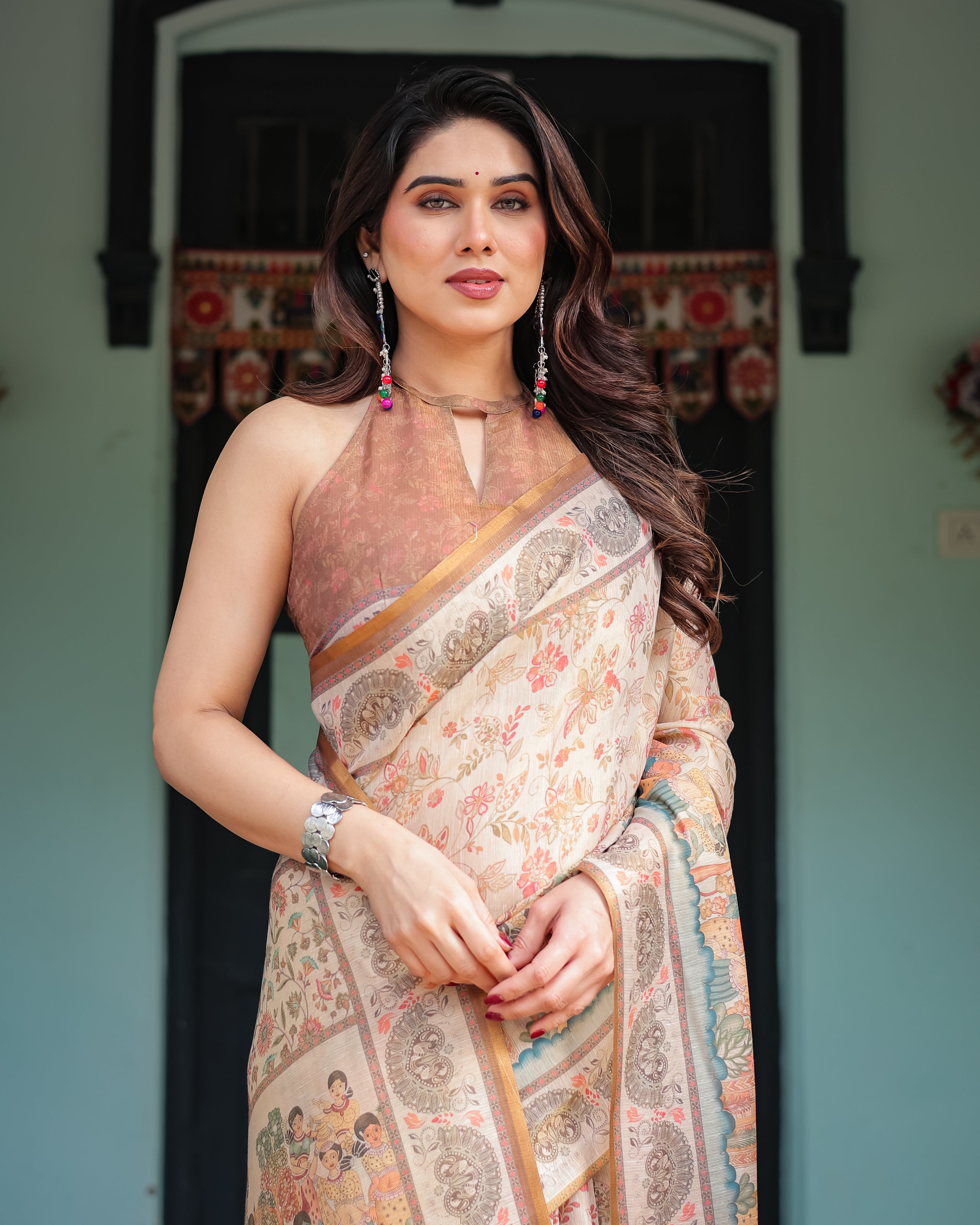 Beige Handloom Floral Printed Border Saree 