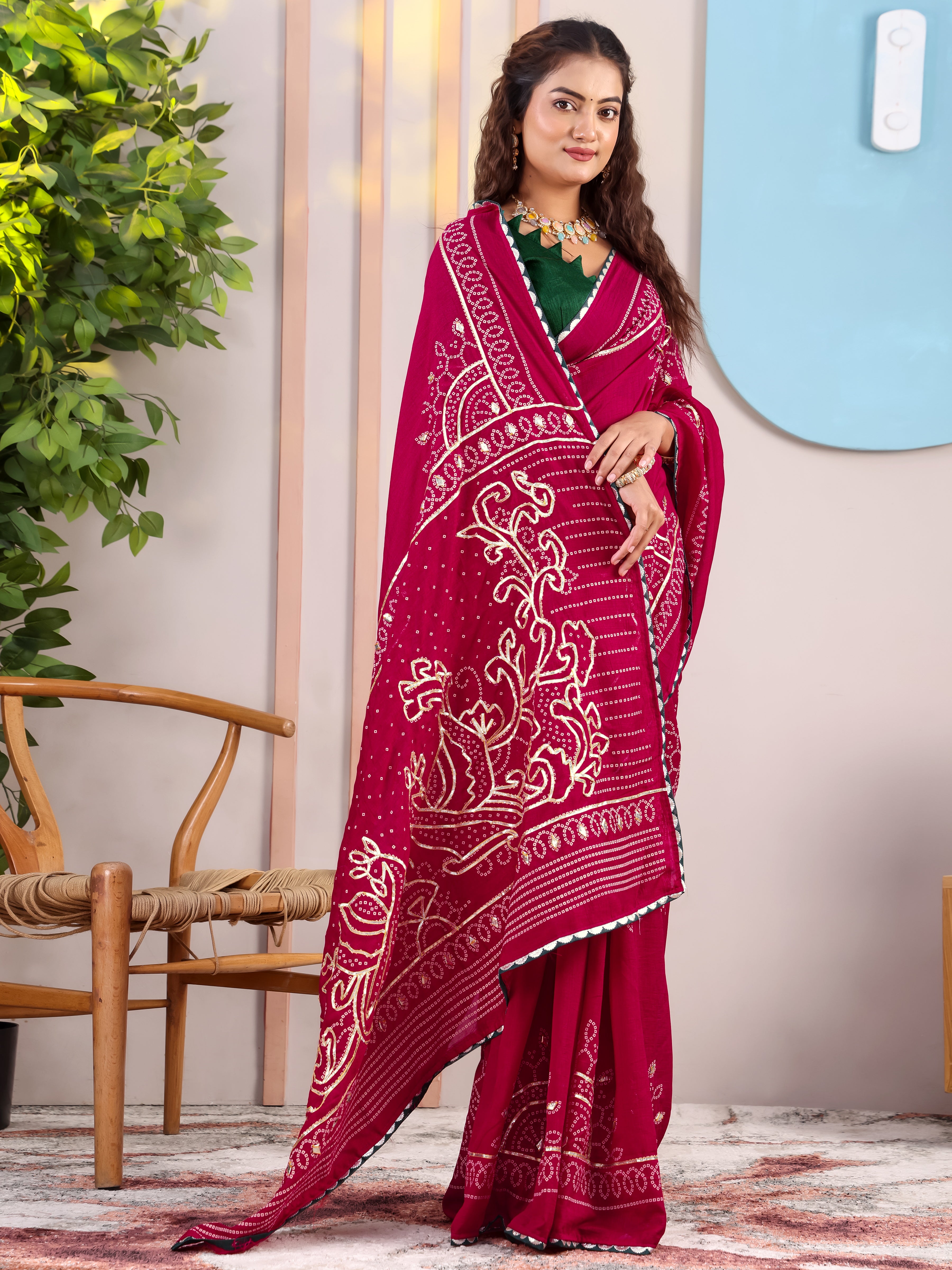 Maroon Bandhani On Pure Vichitra Silk Saree with Gota Patti Work