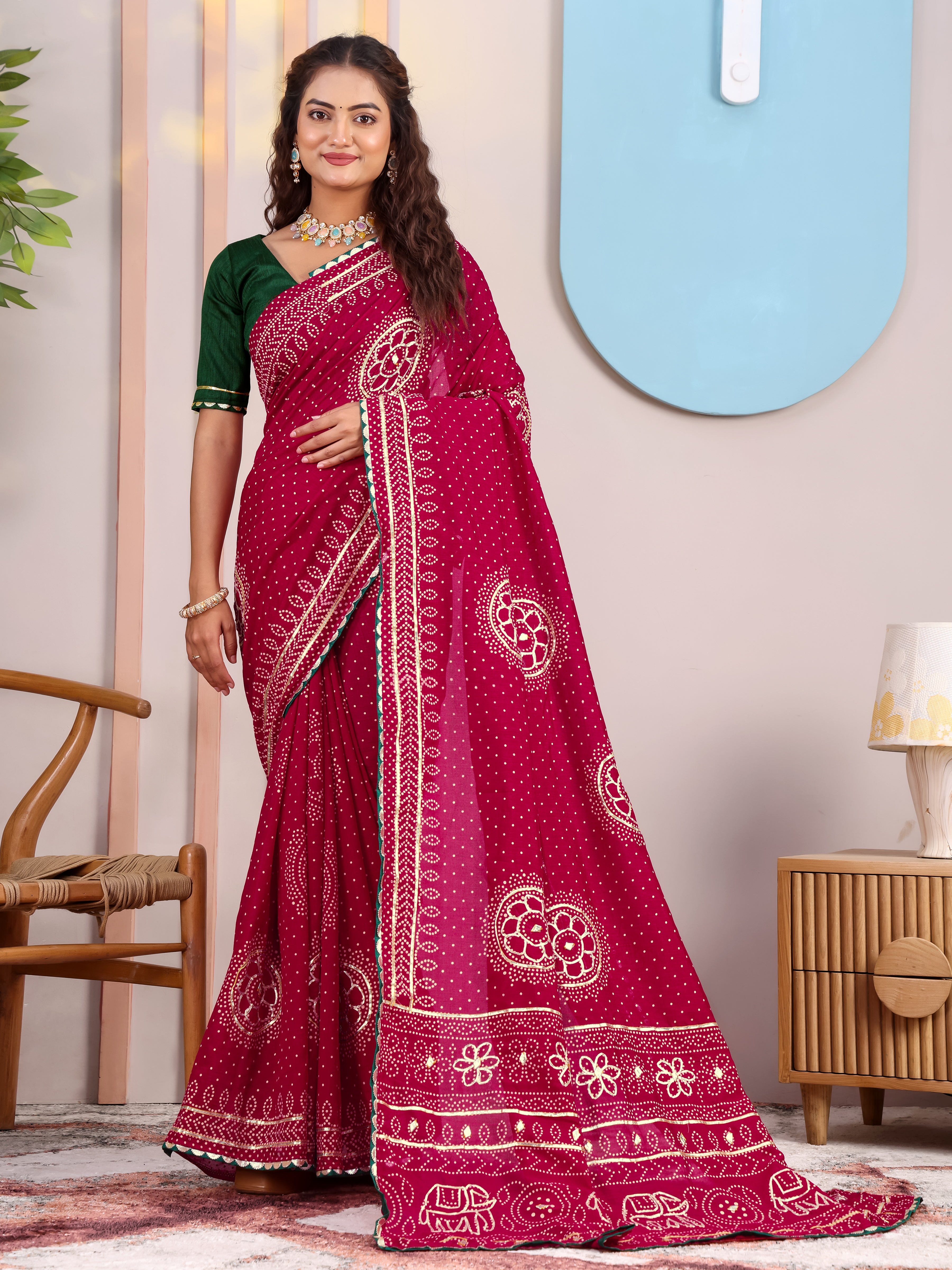 Maroon Round Bandhani On Pure Vichitra  Silk Saree with Gota Patti Work